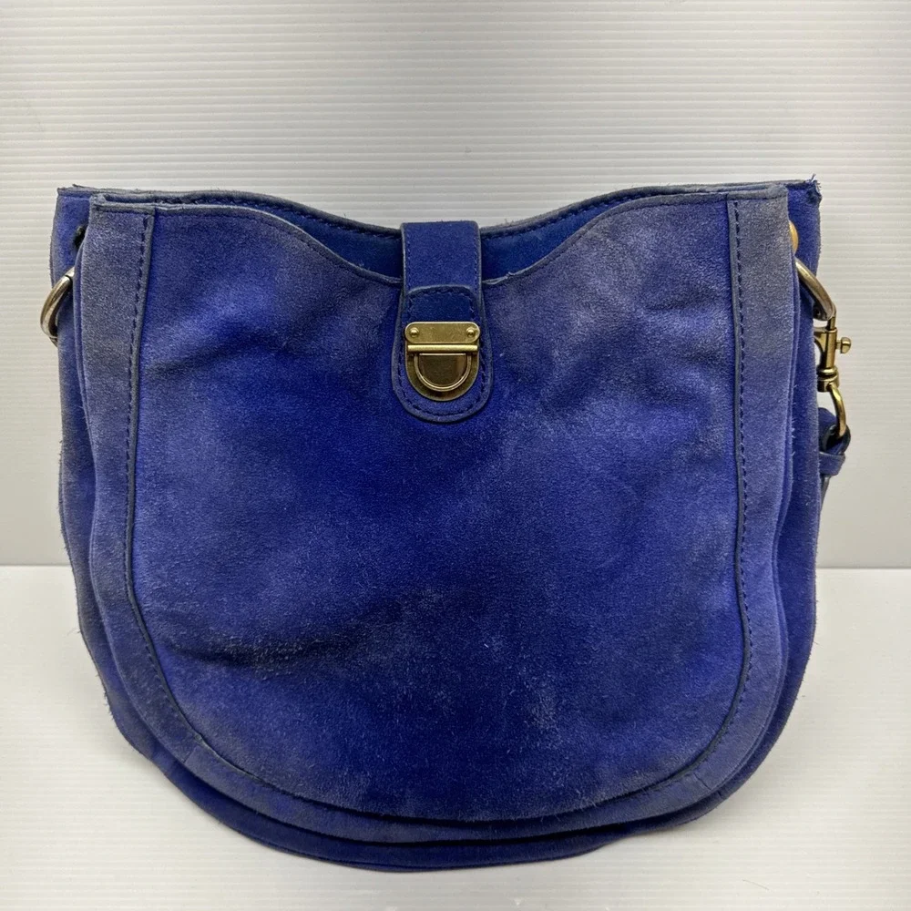 VTG J. Crew Blue Suede Leather Push Lock Triple Compartment Hobo Shoulder Bag